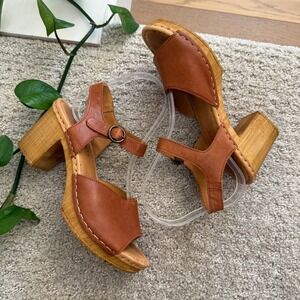TEN POINTS AMELIA Leather Wood Block Heel Slingback CLOGS WOMEN 7 COGNAC 37